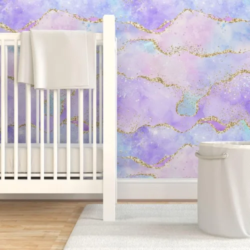 Vista 6 de Spoonflower Papel tapiz para despegar y pegar, acuarela pastel, lila, morado, lavanda, azul, púrpura, nubes, cielo, papel tapiz extraíble