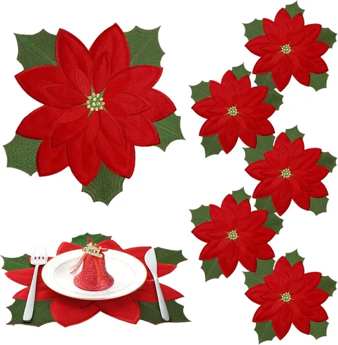 Vista 12 de Yingzhao Juego de 6 manteles individuales de Navidad con poinsettia bordados de doble capa con aplicación de flores rojas de Navidad para decoración
