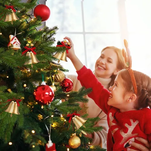 Vista 6 de Campanas Doradas de Navidad, 12 piezas Cascabeles de Metal Dorado de 2.4 pulgadas con Lazo Rojo y Adorno Colgante de Árbol de Bayas, Cascabel