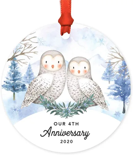 Vista 58 de Andaz Press Adorno redondo de recuerdo de Navidad, nuestro 10 aniversario 2025, búhos de nieve de invierno en acuarela, 1 paquete, incluye cinta