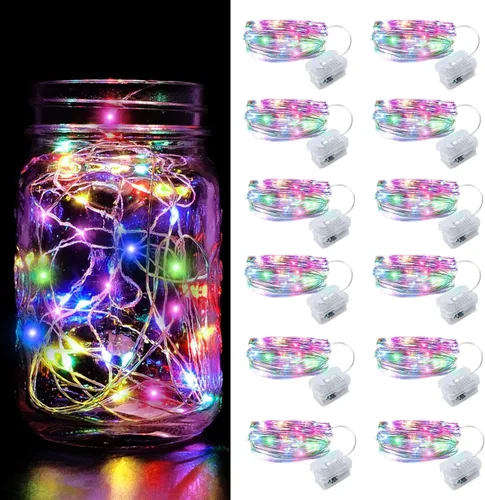 Vista 16 de Aogist Paquete de 24 luces de hadas, 3 modos, 2,1 metros, 20 luces LED, impermeables, cable plateado, funcionan con pilas, mini luces de alambre