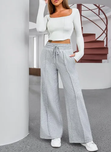 Vista 4 de Aleumdr Pantalones deportivos de cintura alta con cordón y pierna ancha con bolsillos, pantalones de yoga sueltos casuales para mujer