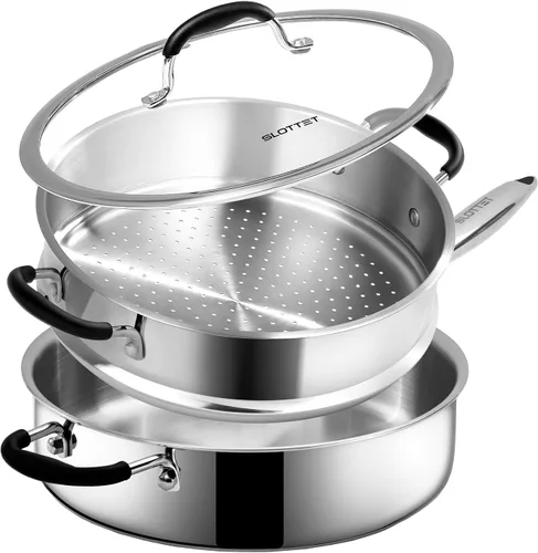 Vista 9 de SLOTTET Sartén de acero inoxidable de tres capas con tapa, sartén profunda de 5 cuartos de galón con cómodo mango de silicona, sartén de 11.5