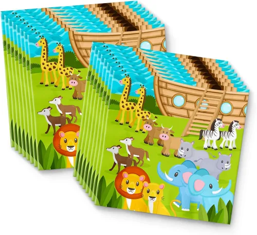 Vista 4 de Noah's Ark - Juego de suministros para fiesta de cumpleaños, platos, servilletas, vasos, vajilla para 16