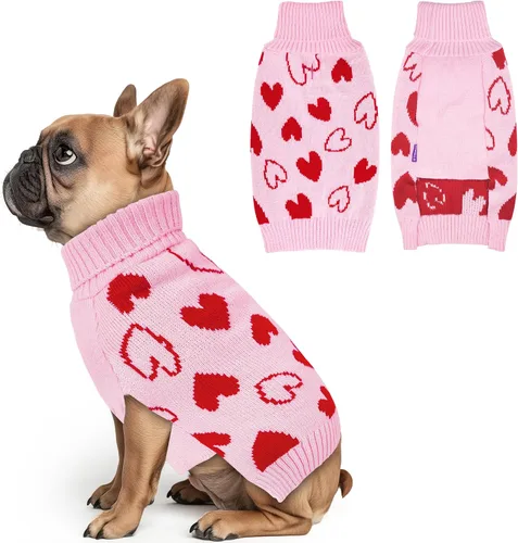 Vista 9 de cyeollo Vestido suéter para perro de San Valentín, suéteres cálidos de cuello alto para perros pequeños y niñas, ropa de punto elástico