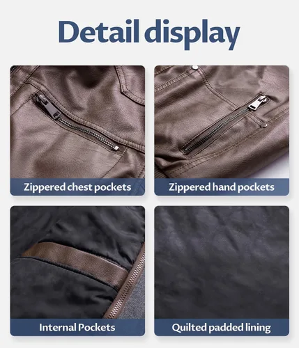Vista 7 de CREATMO US Chaqueta de piel sintética para hombre, impermeable, resistente al viento, PU con capucha extraíble