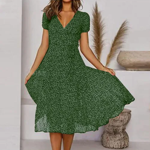 Vista 2 de Vestidos de verano para mujer 2023, vestido de manga corta con cuello en V para mujer, vestido único envolvente casual bohemio midi vestidos de sol
