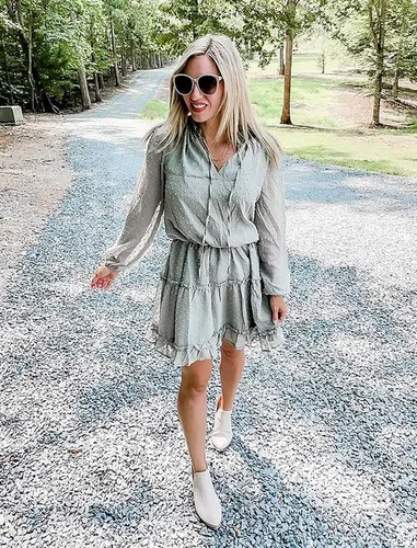 Vista 4 de BTFBM - Vestido casual de otoño para mujer con cuello en v lazo manga larga cintura alta con volantes con puntos y niveles acampanado