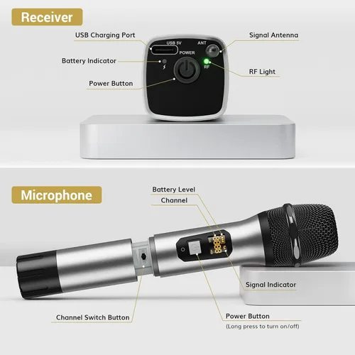 Vista 8 de TONOR Micrófonos inalámbricos, sistema de micrófono dinámico de metal inalámbrico dual UHF con receptor recargable, para canto de karaoke, boda, DJ