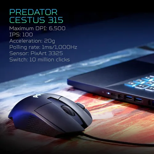 Vista 7 de Acer Predator Cestus 315 - Mouse para juegos con sensor PixArt DPI ajustable y 8 botones incluyendo Burst Fire