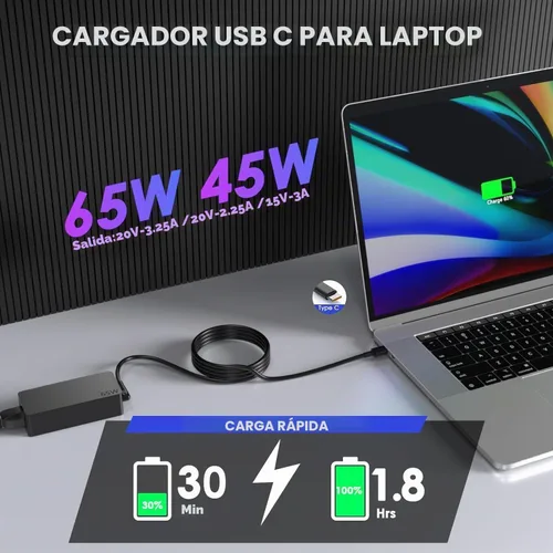 Vista 2 de Cargador USB C de 65 W para laptop Lenovo compatible con Lenovo Thinkpad X1 X13 T14 T15 E14 T480s T490 Yoga7 7i Chromebook, ADLX65YDC2A
