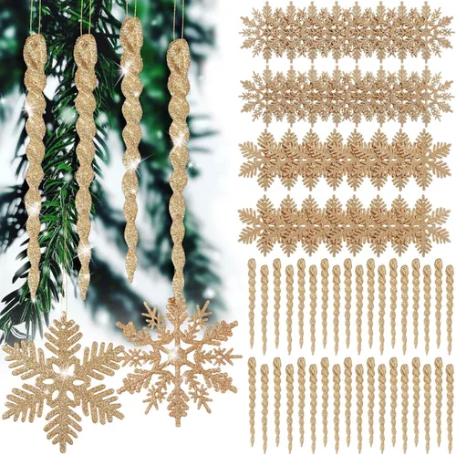 Vista 11 de Deekin 72 piezas adornos de carámbano de copo de nieve para árbol de Navidad, carámbanos torcidos de copo de nieve con purpurina, decoraciones