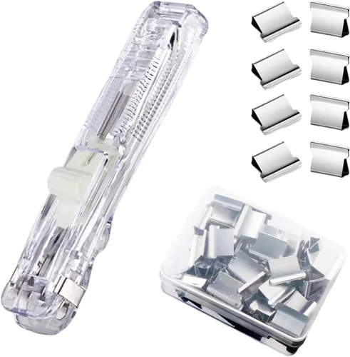 Vista 8 de Engrapadora de empuje, clips para carpeta, abrazaderas de papel, grapadora de escritorio con 50 clips de repuesto de acero inoxidable reutilizables