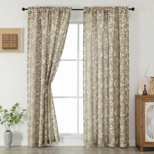 Vista 26 de Chyhomenyc Cortinas de mezcla de lino de 63 pulgadas de largo, 2 paneles de cortina con estampado floral filtrante de luz para sala de estar
