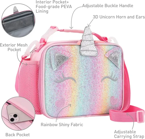 Vista 10 de Lonchera de unicornio para niñas con correas ajustables para el hombro, bonita lonchera aislada a prueba de fugas, con purpurina y brillo, bolsa