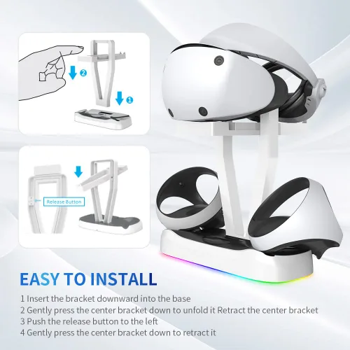Vista 5 de G-STORY Base de carga para controlador PSVR2, base de luz RGB estación de carga vertical con soporte de auriculares VR, cargador PS VR2