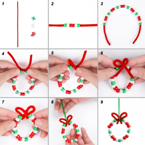 Vista 3 de Livder Kit de adornos de cuentas de Navidad, incluye 1000 cuentas de plástico rojo, verde y blanco, 60 tallos de chenilla, cinta de 64 pies