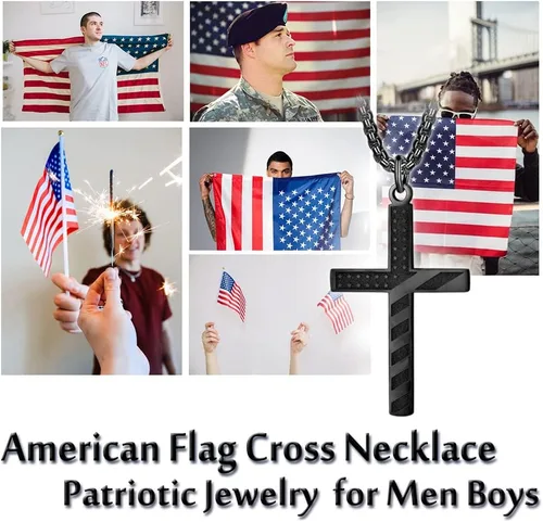 Vista 5 de ZRAY Collar con cruz de bandera estadounidense para hombre, joyería patriótica, cadena de acero inoxidable de 24 pulgadas, grabado, inspirador