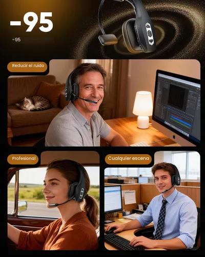 Vista 2 de Auriculares Bluetooth Trucker con base de carga, auriculares inalámbricos manos libres con micrófono de cancelación de ruido y botón de silencio