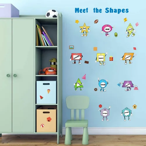 Vista 3 de IARTTOP Calcomanías de pared con formas coloridas, calcomanías de pared de geometría de aprendizaje educativo, calcomanías de pared extraíbles