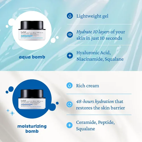 Vista 6 de belif Aqua Bomb – Hidratante diario de niacinamida, crema facial ligera y rellenante con ácido hialurónico y escualano, efecto refrescante, cuidado