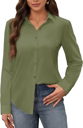 Vista 22 de Siliteelon - Camisas de vestir para mujer, a prueba de manchas, sin arrugas, de manga larga, sólidas, para trabajo y negocios, con botones