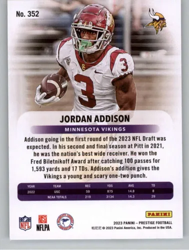 Vista 2 de 2023 Prestige Football #352 Jordan Addison RC Rookie Minnesota Vikings Official Panini NFL Trading Card