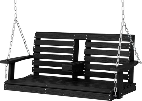 Vista 13 de KINGYES Columpio colgante para porche al aire libre, silla de patio de 2 asientos con portavasos, banco impermeable para patio y jardín, capacidad