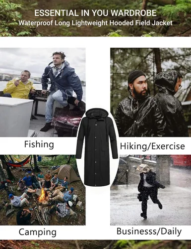 Vista 5 de COOFANDY Chaqueta impermeable para hombre con capucha, impermeable, ligera, activa, larga