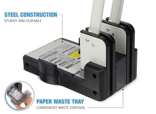 Vista 2 de Carl, Heavy Duty 2 agujeros, perforadora de papel de 100 hojas, azul, gris