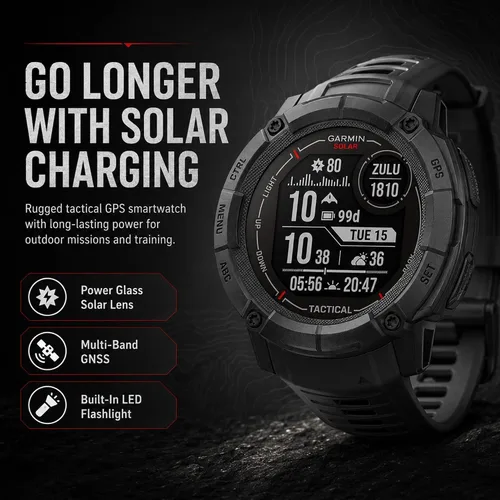 Vista 2 de Garmin Instinct 2X Solar - Edición táctica, carga solar, reloj inteligente GPS resistente, linterna integrada, calculadora de balística, paquete