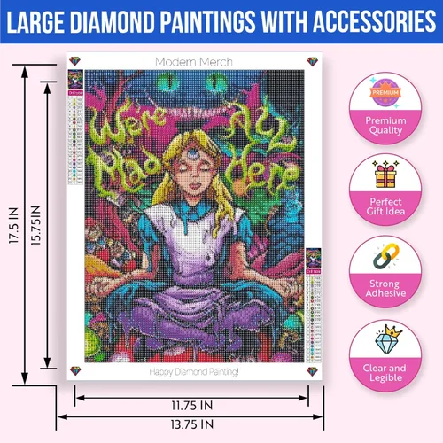 Vista 3 de Kits de Arte de Diamantes de Modern Merch Alicia en el País de las Maravillas para Adultos 'Todos Estamos Locos Aquí' Pintura de Diamantes 5D