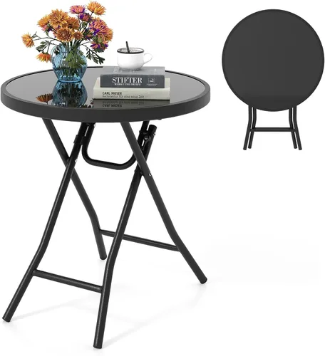 Vista 11 de GIANTEX Mesa auxiliar redonda plegable, mesa de patio con mesa de vidrio Semitransparente + Negro