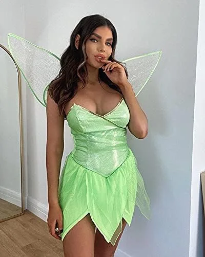 Vista 4 de Ropa de hadas para mujer disfraz de hada de Pixie brillante vestido de cosplay de Halloween con alas de mariposa trajes de lujo