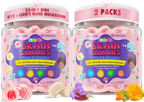 Vista 9 de Gomitas cerebrales para niños, suplemento de enfoque con hongo melena de leones, vitaminas cerebrales