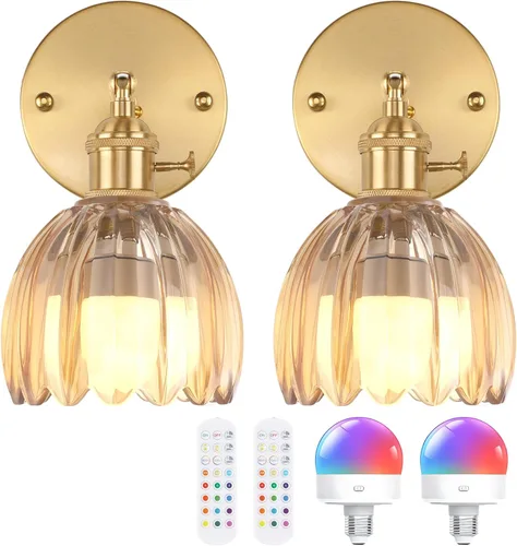 Vista 29 de Shenmoyl Aplique de pared vintage a pilas con bonita pantalla de vidrio de tulipán blanco, inalámbrico, recargable, luz de pared funciona