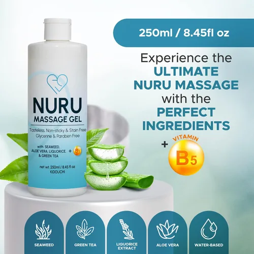 Vista 2 de Nuru Gel de masaje (8.45 onzas líquidas) A base de agua Sin parabenos ni glicerina Formulado con algas marinas naturales, té verde, extracto