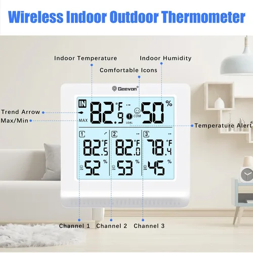 Vista 7 de Geevon Termómetro inalámbrico para interiores y exteriores con 3 sensores remotos, termómetro higrómetro digital, medidor de temperatura y monitor