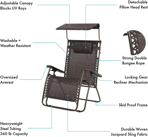 Vista 3 de Bliss Hammocks - Silla de gravedad cero con toldo y bandeja lateral, Jacquard café