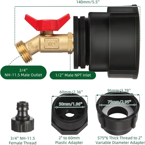 Vista 2 de Adaptador de tanque IBC de repuesto de 275-330 galones, rosca gruesa S75x6 a mango de mariposa de 1/2 pulgada, conector de drenaje de tanque de alta