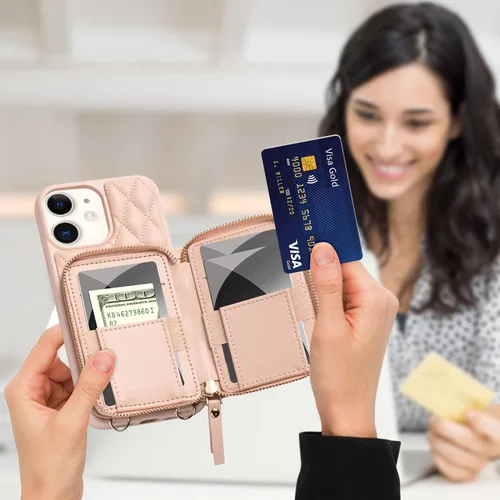 Vista 7 de LAMEEKU Funda tipo cartera diseñada para iPhone 12 Pro con tarjetero para tarjetas, funda tipo cartera acolchada de cuero para mujer, compatible