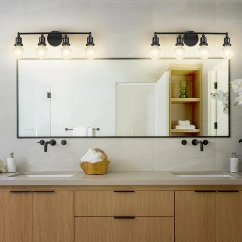 Vista 3 de Lámpara de tocador de 4 luces, aplique industrial de pared negra, lámpara de pared de baño de granja, lámpara de pared con base E26 vintage