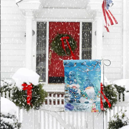Vista 6 de Bandera de jardín de copos de nieve de gnomo azul de doble cara, Let it Snow Invierno decorativo para casa, patio, bandera pequeña al aire libre