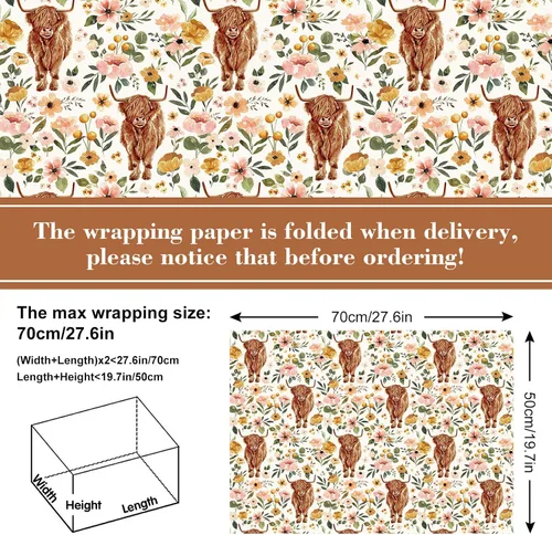 Vista 2 de AnyDesign Papel de regalo de vaca de las tierras altas de las tierras altas, no enrollable, papel de regalo de vaca con flores, plegado plano