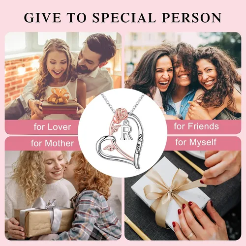Vista 7 de Collares con inicial de corazón de rosa, regalos para mujeres, adolescentes y niñas, collar con dije de letra de corazón de amor de rosa, joyería