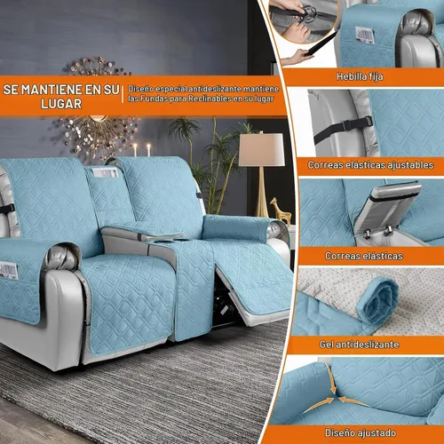 Vista 3 de VANSOFY Funda para Sofá de Dos Plazas Reclinable con Consola 100% Impermeable Fundas de Sofá Antideslizantes Funda de Sofá Reclinable Dividida Azuree