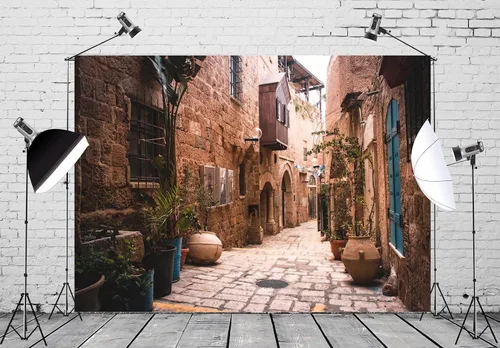 Vista 3 de BELECO Telón de fondo de tela de 5 x 3 pies, diseño de calle de la ciudad vieja, Israel, casas de piedra, macetas, nostalgia, fotos, fondo