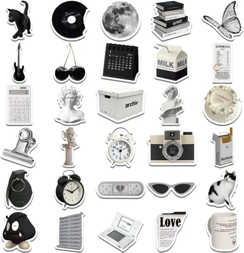 Vista 4 de Calcomanías vintage de estilo de moda en blanco y negro de 61 calcomanías de vinilo para portátiles, computadoras, Hydro Flasks, monopatín y estuche