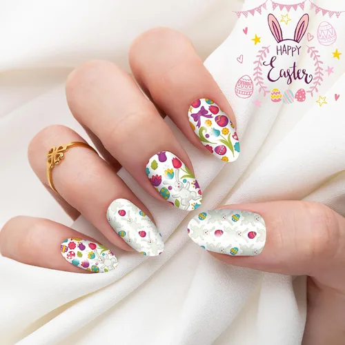 Vista 4 de winthrop 12 hojas de calcomanías de Pascua para uñas, tiras completas de esmalte de uñas, calcomanías autoadhesivas para arte de uñas, lindos huevos