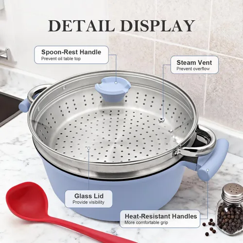 Vista 8 de Olla de vapor de 7 cuartos de galón para cocinar, olla grande con tapa, olla antiadherente con cesta de vapor de verduras y albóndigas, utensilios
